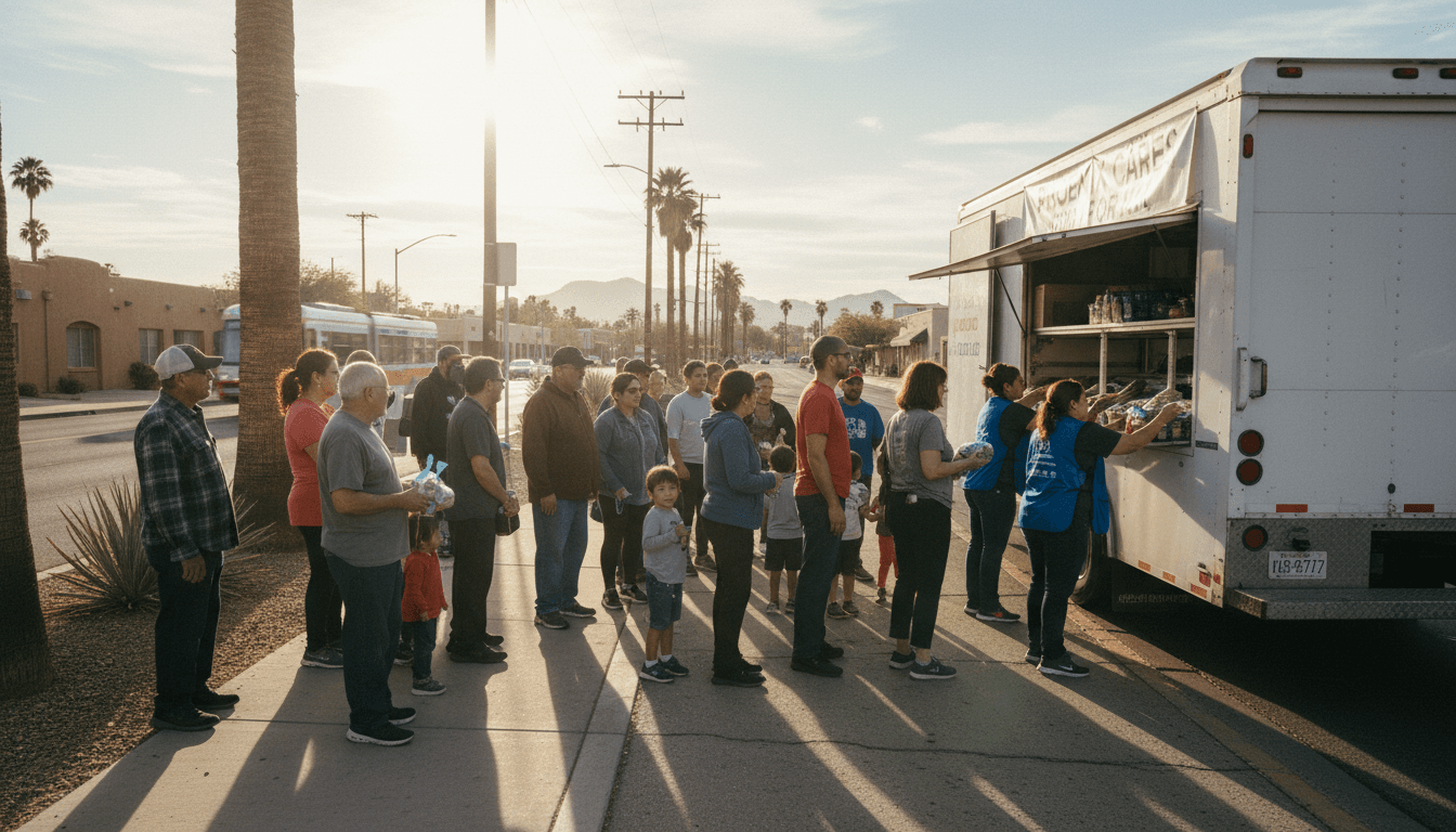 Community members receiving meals from a food distribution in Phoenix