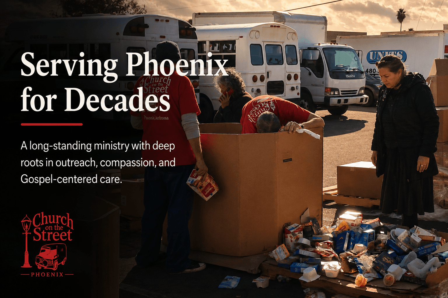 Volunteers in red shirts sort food donations from large boxes in a sunny parking lot.